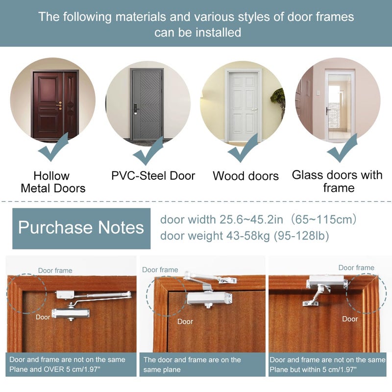 Onarway Automatic Door Closer Size-3: Hydraulic Slam-Free Soft Close, Adjustable Closing Speed, Quiet & Safe for Residential Home, Light Commercial & Office (95â€“128 lbs), Silver, Easy Install - Image 2